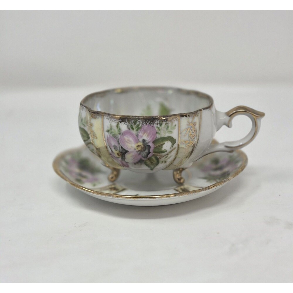 Napco China IDD240 Footed Tea Cup Saucer Iridescent Lusterware Violet Pansy...